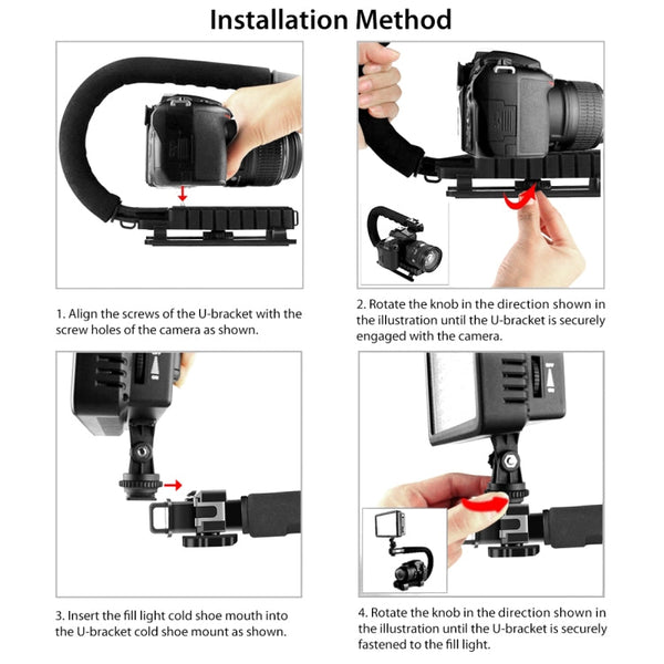 PULUZ U/C Shape 3-Head Cold Shoes Portable Handheld DV Bracket Stabilizer Kit with Cold Shoe Tripod Head & Phone Clamp & Quick Release Buckle & Long Screw for All SLR Cameras and Home DV Camera