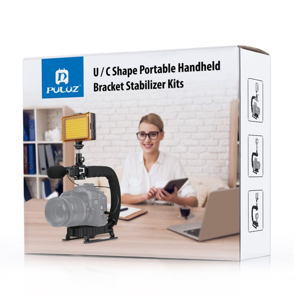 PULUZ U/C Shape 3-Head Cold Shoes Portable Handheld DV Bracket Stabilizer Kit with Cold Shoe Tripod Head & Phone Clamp & Quick Release Buckle & Long Screw for All SLR Cameras and Home DV Camera
