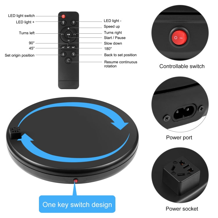 PULUZ 45cm Remote Control Adjusting Speed Rotating Turntable Display Stand with Power Socket, Black, Load 100kg
