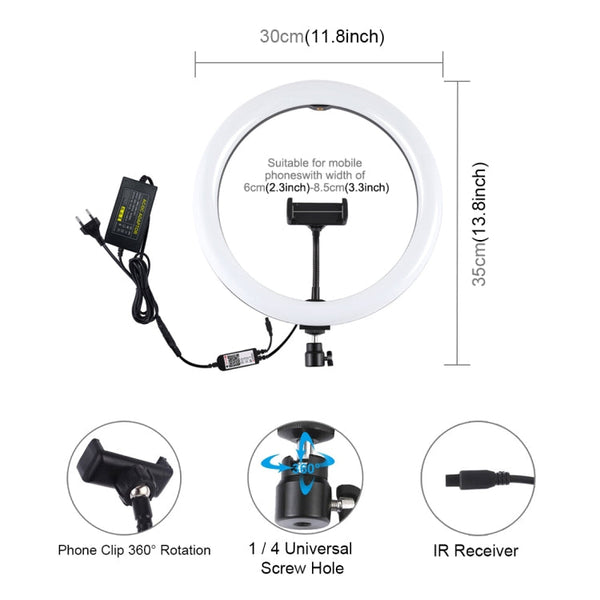 PULUZ 11.8 inch 30cm RGB Dimmable LED Ring Vlogging Selfie Photography Video Lights with Cold Shoe Tripod Ball Head & Phone Clamp (Pink)