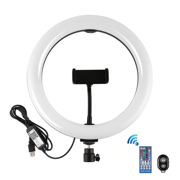 PULUZ 10.2 inch 26cm Curved Surface USB RGBW Dimmable LED Ring Vlogging Photography Video Lights with Tripod Ball Head & Remote Control & Phone Clamp