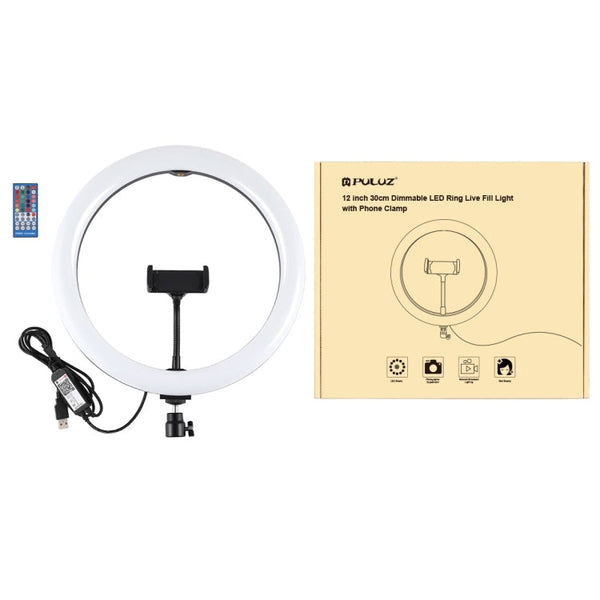 PULUZ 11.8 inch 30cm RGB Dimmable LED Dual Color Temperature LED Curved Diffuse Light Ring Vlogging Selfie Photography Video Lights with  Tripod Ball Head & Phone Clamp & Remote Control