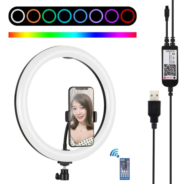 PULUZ 11.8 inch 30cm RGB Dimmable LED Dual Color Temperature LED Curved Diffuse Light Ring Vlogging Selfie Photography Video Lights with  Tripod Ball Head & Phone Clamp & Remote Control