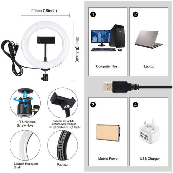 PULUZ 7.9 inch 20cm USB 3 Modes Dimmable Dual Color Temperature LED Curved Light Ring Vlogging Selfie Photography Video Lights with Phone Clamp