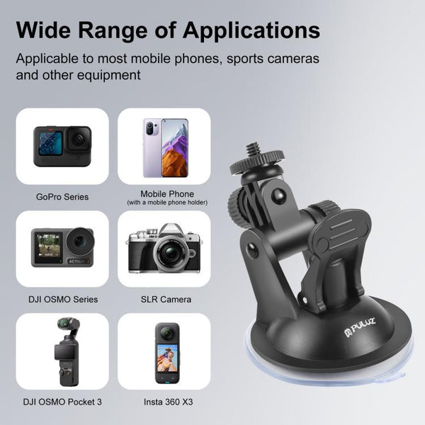 PULUZ Car Suction Cup Mount with Screw & Tripod Mount Adapter & Storage Bag for GoPro, Insta360, DJI and Other Action Cameras