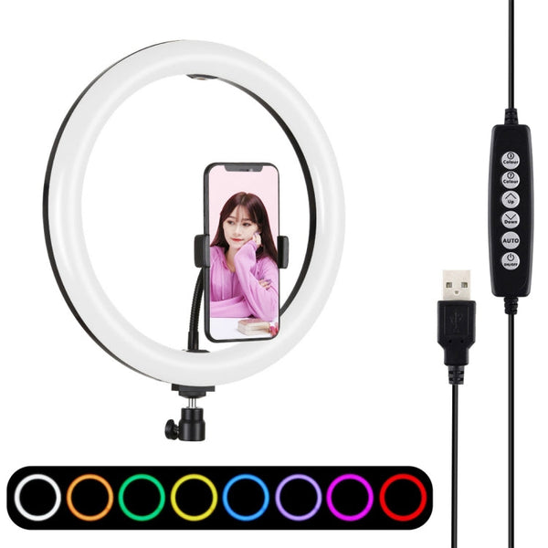 PULUZ 11.8 inch 30cm Curved Surface USB 10 Modes 8 Colors RGBW Dimmable LED Ring Vlogging Photography Video Lights with Tripod Ball Head & Phone Clamp