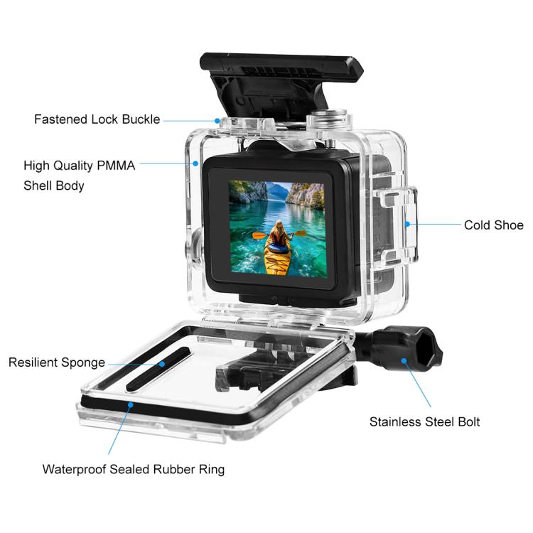 For GoPro HERO 4K 2024 PULUZ 60m / 196ft Waterproof Housing Protective Case with Buckle Basic Mount & Screw