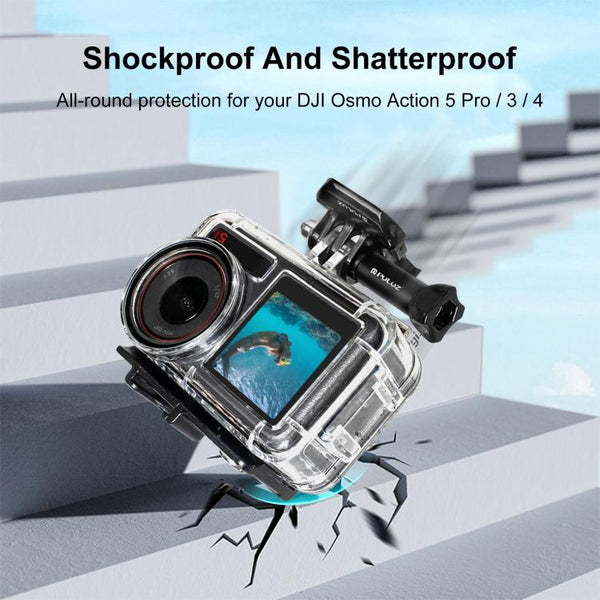 For DJI Osmo Action 5 Pro / 3 / 4 PULUZ 60m Underwater Waterproof Housing Diving Case with Cold Shoe & Buckle Basic Mount & Screw