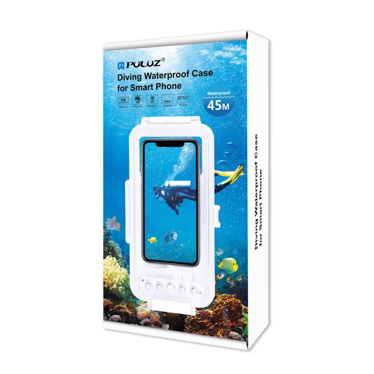 PULUZ 45m/147ft Waterproof Diving Case Photo Video Taking Underwater Housing Cover for iPhone 14 Series, iPhone 13 Series, iPhone 12 Series, iPhone 11 Series, iPhone X Series, iPhone 8 & 7, iPhone 6s, iOS 13.0 or Above Version iPhone