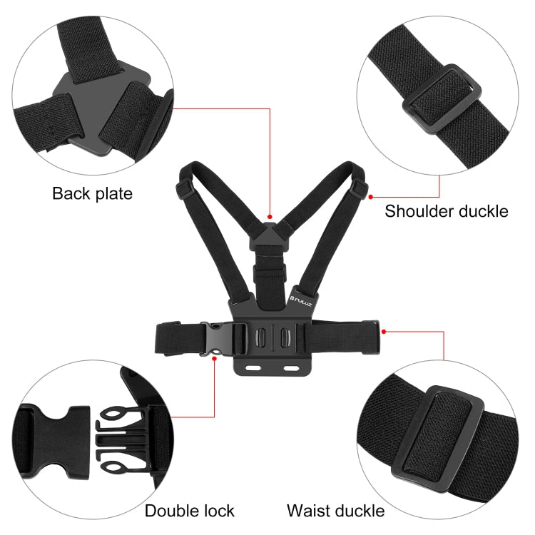 PULUZ  5 in 1 Adjustable Body Mount Belt Chest Strap with Phone Clamp & J Hook Mount & Long Screw Kit