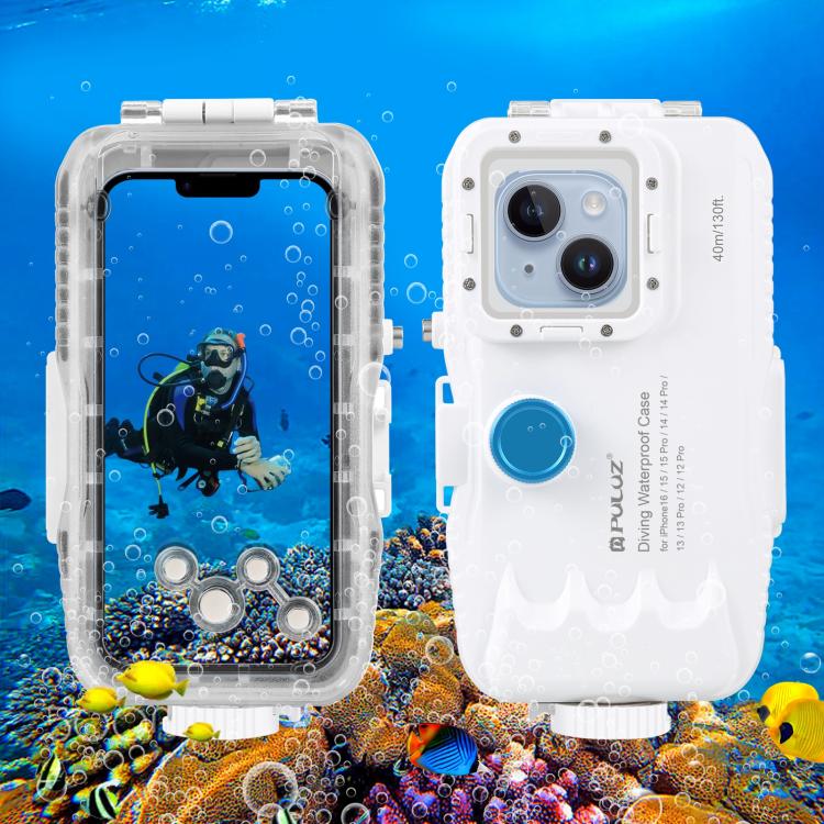 PULUZ 40m/130ft Waterproof Diving Case for iPhone 16 / 15 / 15 Pro / 14 / 14 Pro / 13 / 13 Pro / 12 / 12 Pro, with One-way Valve Photo Video Taking Underwater Housing Cover