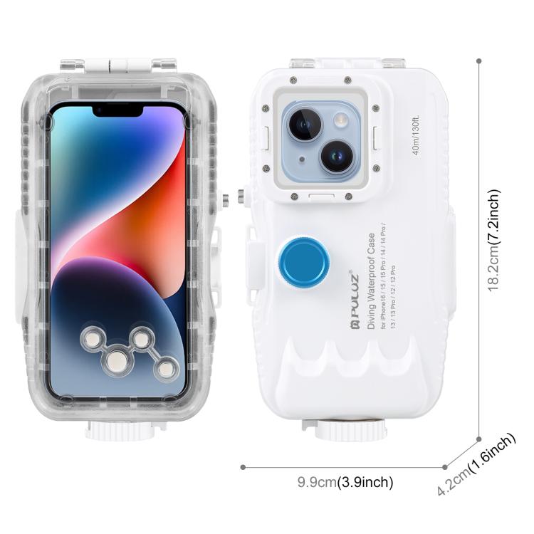 PULUZ 40m/130ft Waterproof Diving Case for iPhone 16 / 15 / 15 Pro / 14 / 14 Pro / 13 / 13 Pro / 12 / 12 Pro, with One-way Valve Photo Video Taking Underwater Housing Cover