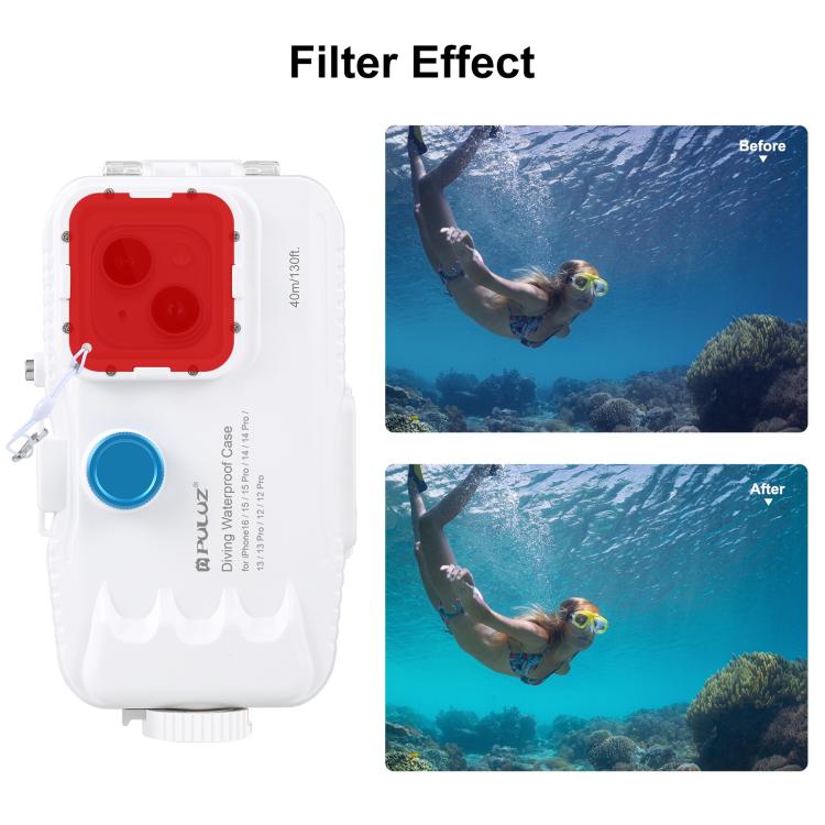 PULUZ 40m/130ft Waterproof Diving Case for iPhone 16 / 15 / 15 Pro / 14 / 14 Pro / 13 / 13 Pro / 12 / 12 Pro, with One-way Valve Photo Video Taking Underwater Housing Cover