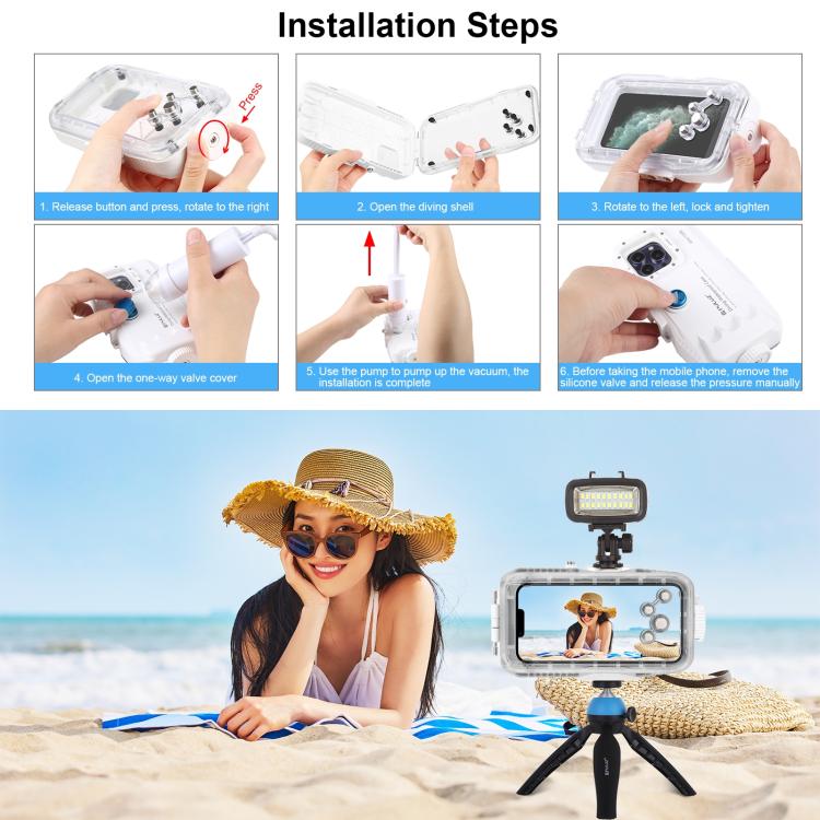 PULUZ 40m/130ft Waterproof Diving Case for iPhone 16 / 15 / 15 Pro / 14 / 14 Pro / 13 / 13 Pro / 12 / 12 Pro, with One-way Valve Photo Video Taking Underwater Housing Cover