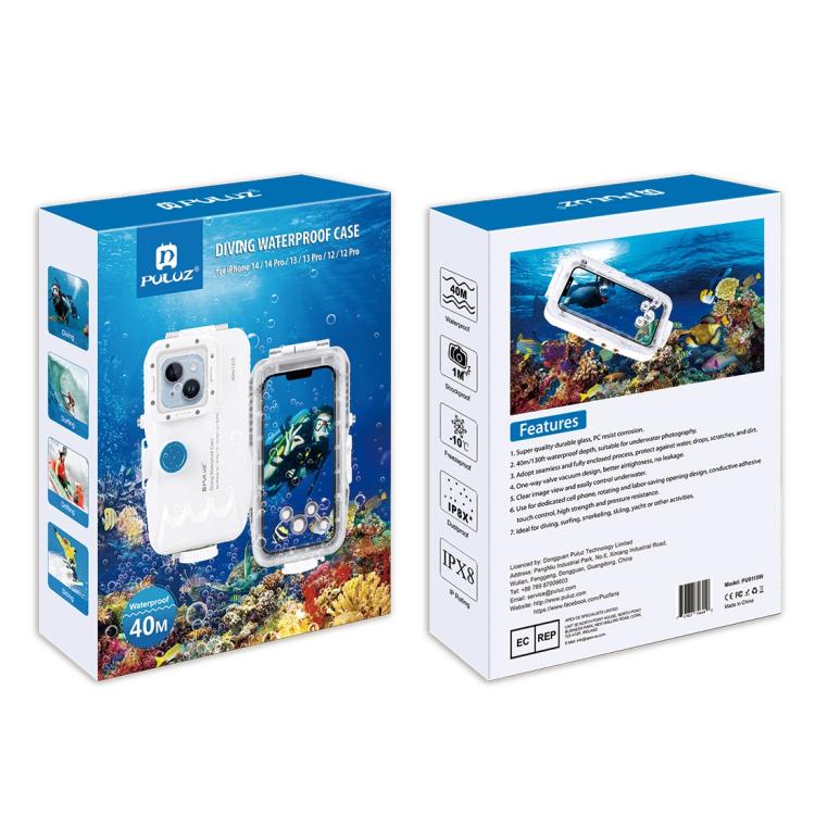 PULUZ 40m/130ft Waterproof Diving Case for iPhone 16 / 15 / 15 Pro / 14 / 14 Pro / 13 / 13 Pro / 12 / 12 Pro, with One-way Valve Photo Video Taking Underwater Housing Cover