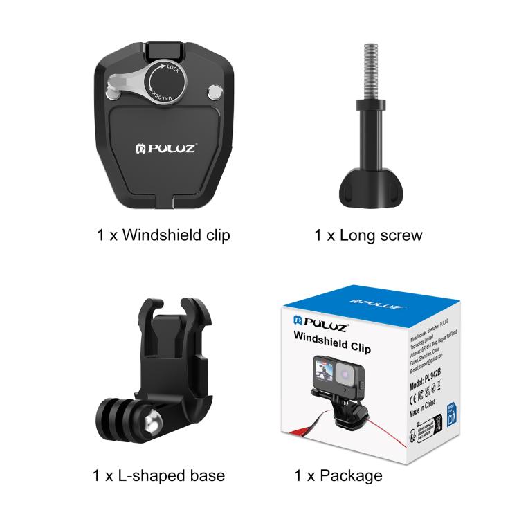 PULUZ Motorcycle Windshield Action Camera Mount Clip for GoPro Hero12 Black / DJI Osmo Action 4 / Insta360 X4 / Ace Pro and Other Action Cameras