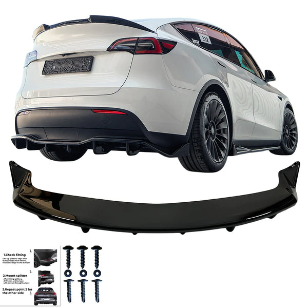 OW Rear Bumper Lower Diffusor Splitter Valance TESLA Model Y 2020-2025 Gloss Black ABS Plastic Screws On