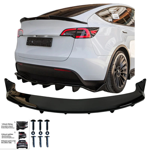 OW Rear Bumper Lower Diffusor Splitter Valance TESLA Model Y 2020-2025 Gloss Black ABS Plastic Screws On