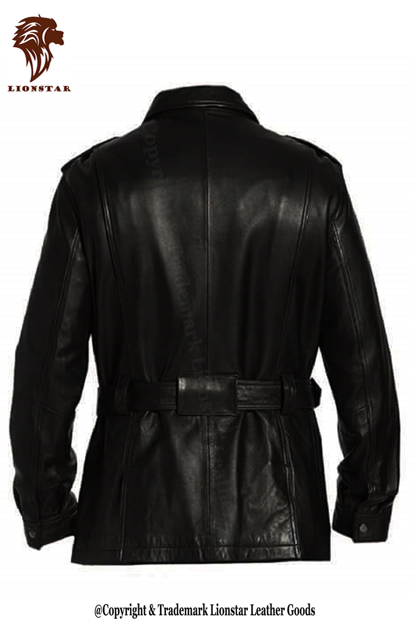 Lionstar Retro Men's Black Cowhide Leather Duster Trench Coat