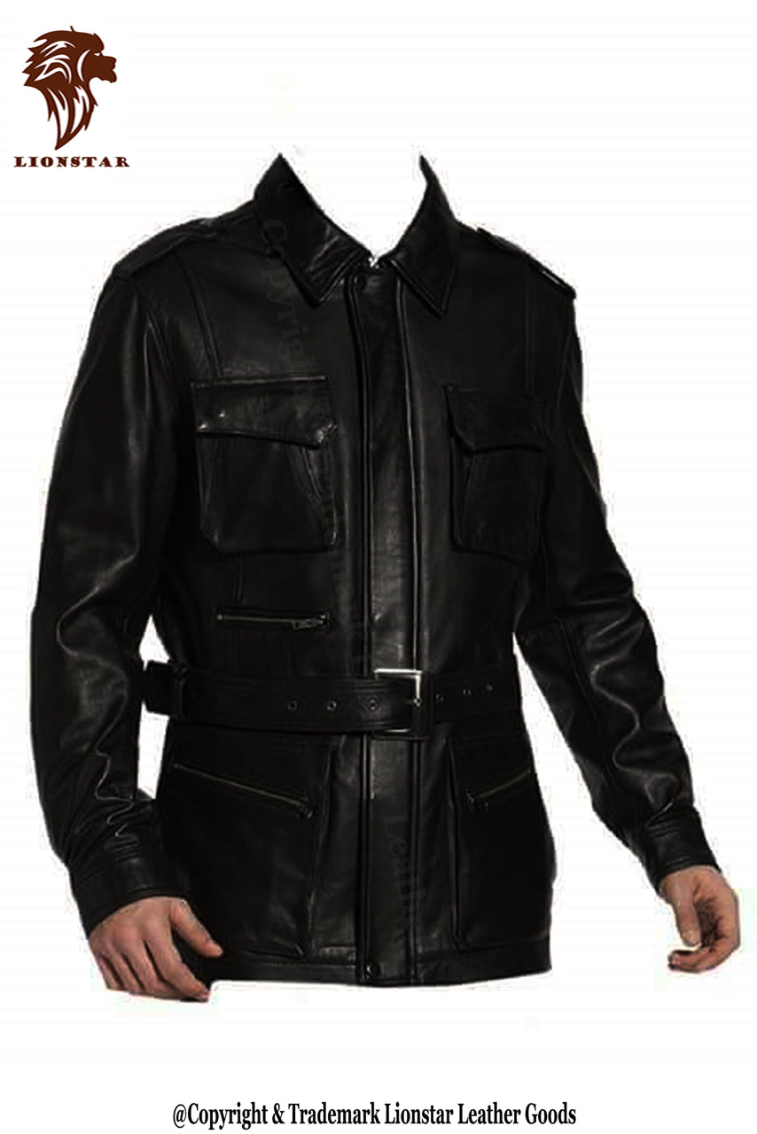 Lionstar Retro Men's Black Cowhide Leather Duster Trench Coat