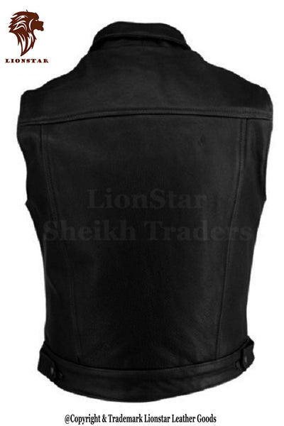 Men's Black Biker Style Leather Cut Off Vest