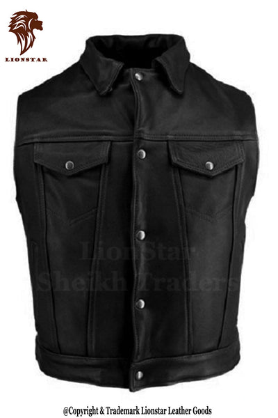 Men's Black Biker Style Leather Cut Off Vest
