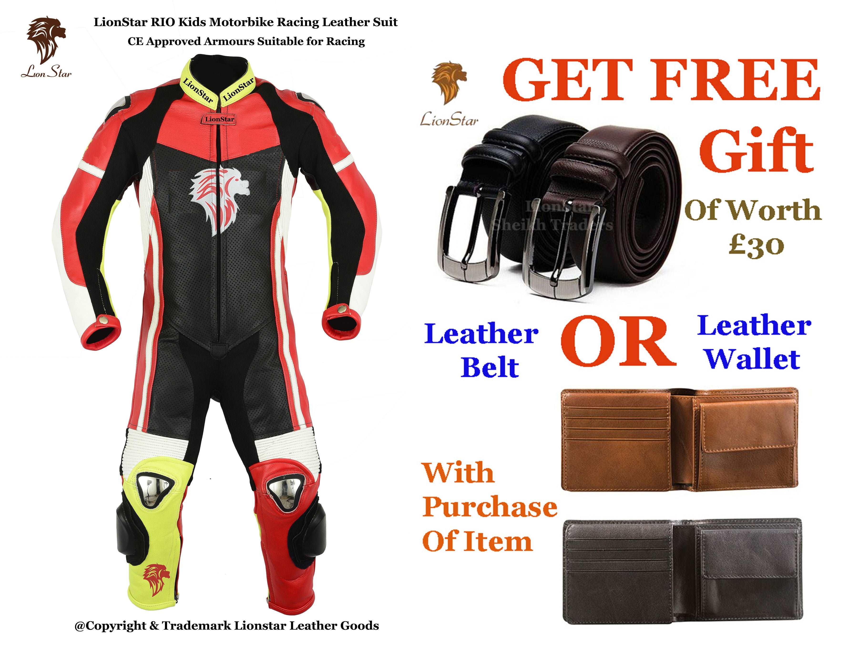 Lionstar Cowhide Suit | Red/Yellow Kids & Adult Racing Leathers