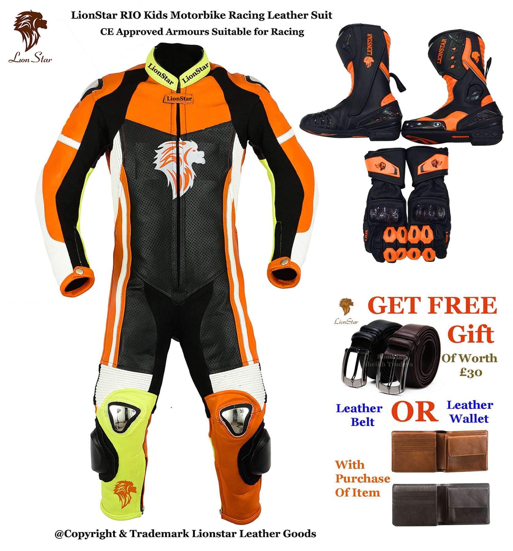 Lionstar Rio Leather Motorcycle Racing Suit - Adults & Kids CE Approved