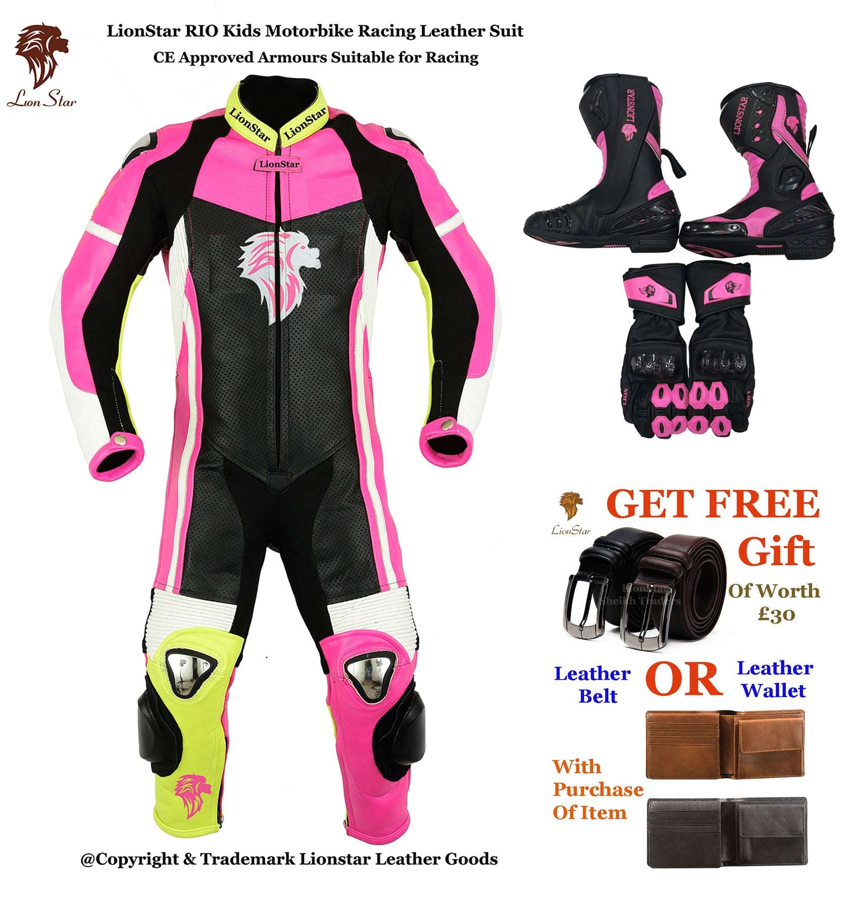 Lionstar Rio Leather Motorcycle Racing Suit - Adults & Kids CE Approved