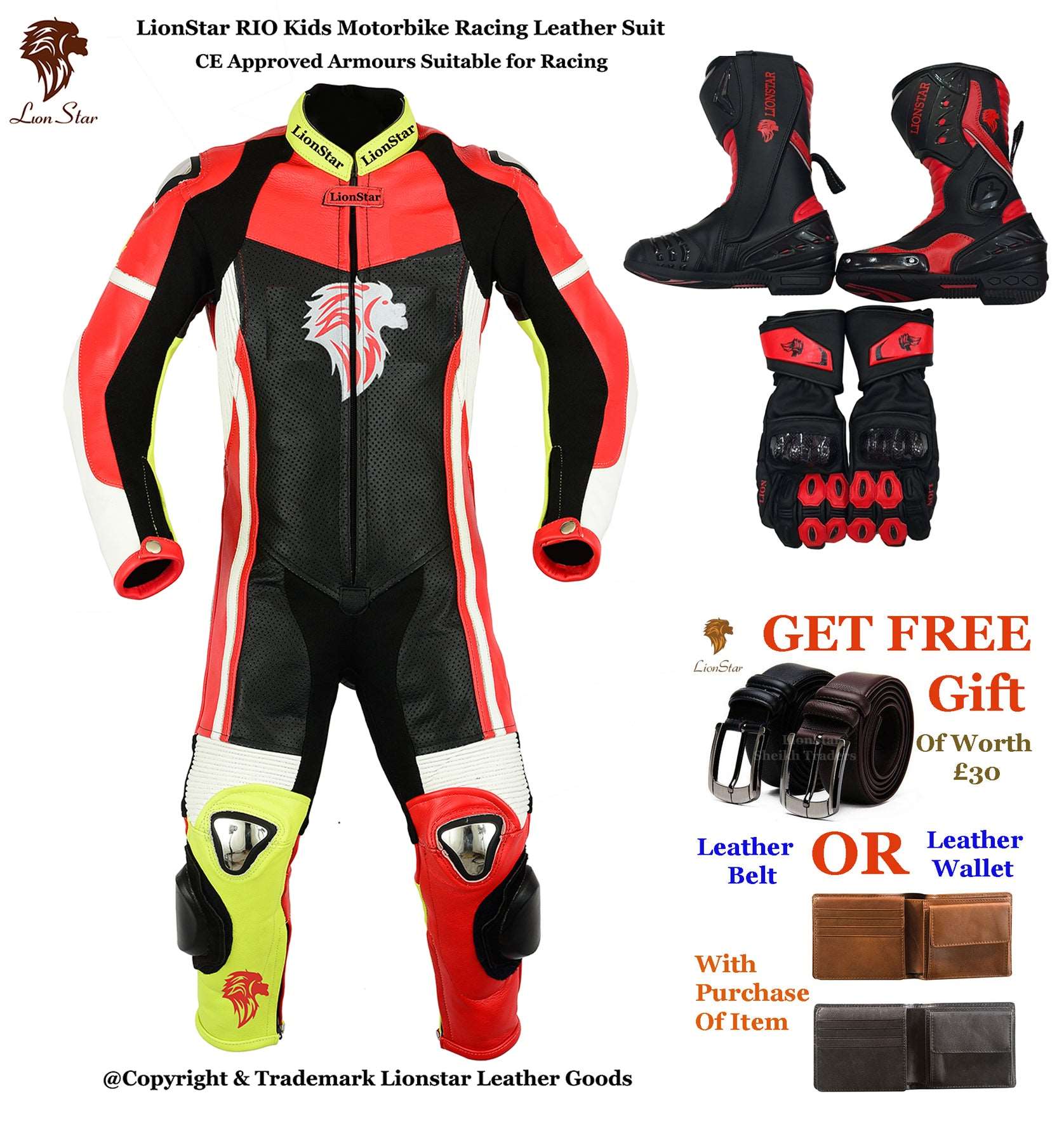 Lionstar Rio Leather Motorcycle Racing Suit - Adults & Kids CE Approved