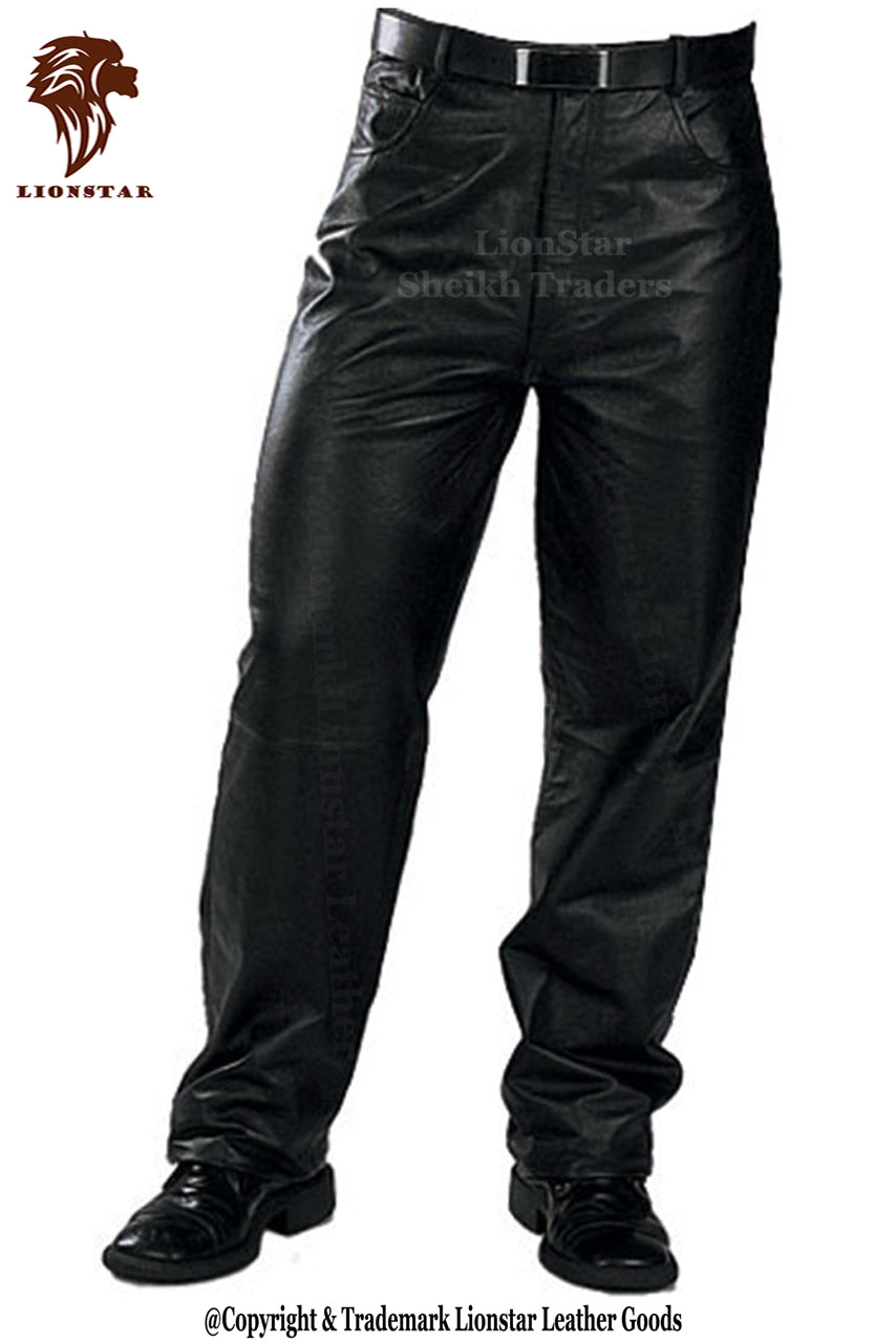 Lionstar Men's Black Sheepskin Leather Biker Pants (Panther)