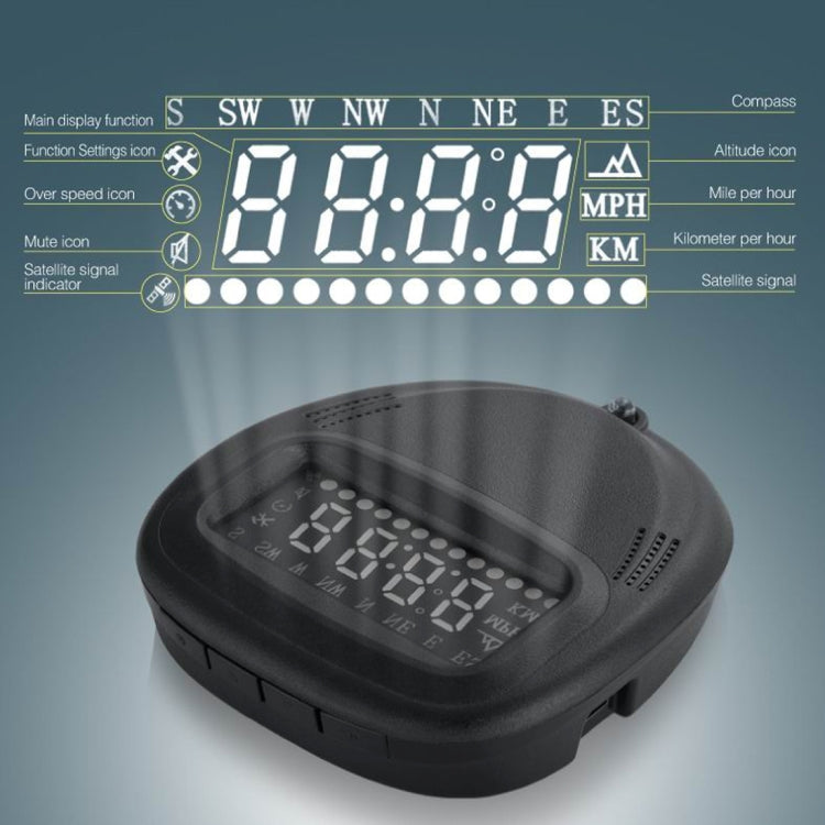 A1 2.0 inch Car GPS HUD Head Up Display Vehicle-mounted Security System, Support Speed & Real Time & Altitude & Over Speed Alarm & Compass & MPH & Auto Sleeping & KM & Satellite Signal