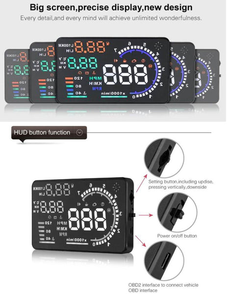 A8 5.5 inch Car OBDII HUD Warning System Vehicle-mounted Head Up Display Projector with LED, Support Fuel Consumption & Over Speed Alarm & Water Temperature & Fault Diagnosis