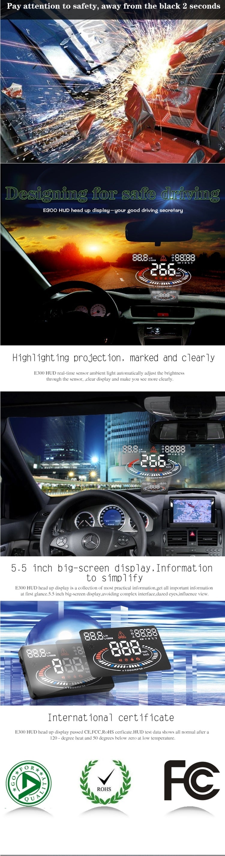 E300 5.5 inch Car OBDII / EUOBD HUD Vehicle-mounted Head Up Display Security System, Support Speed & Fuel Consumption, Overspeed Alarm,  Fuel Consumption, Water Temperature, etc.