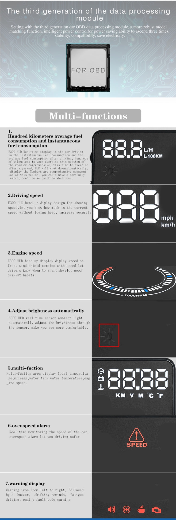 E300 5.5 inch Car OBDII / EUOBD HUD Vehicle-mounted Head Up Display Security System, Support Speed & Fuel Consumption, Overspeed Alarm,  Fuel Consumption, Water Temperature, etc.