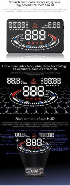 E300 5.5 inch Car OBDII / EUOBD HUD Vehicle-mounted Head Up Display Security System, Support Speed & Fuel Consumption, Overspeed Alarm,  Fuel Consumption, Water Temperature, etc.