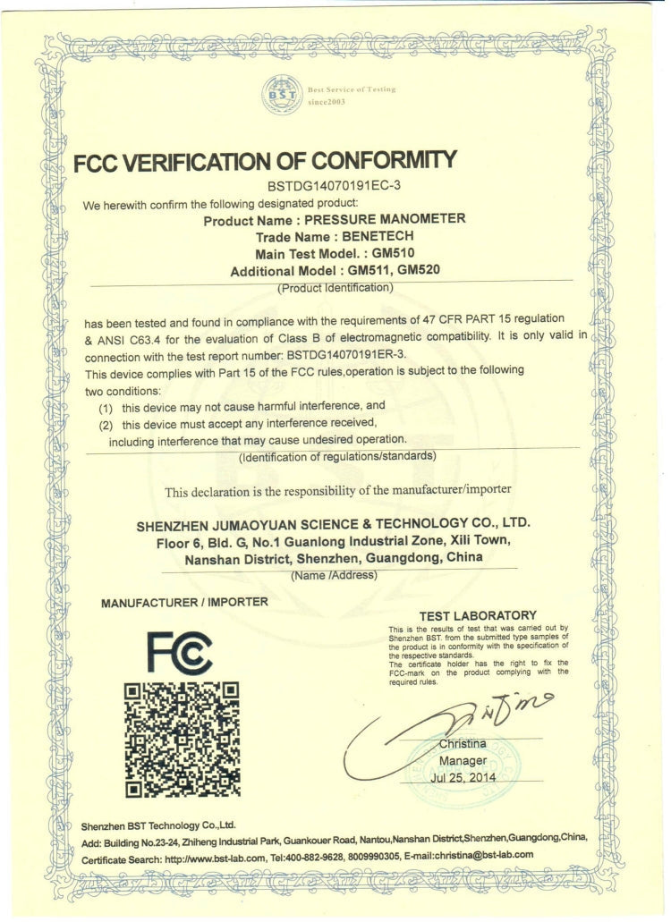 BENETECH GM510 LCD Display Pressure Manometer