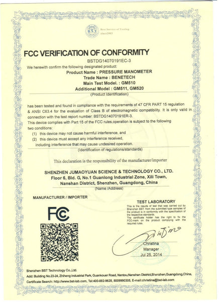 BENETECH GM510 LCD Display Pressure Manometer