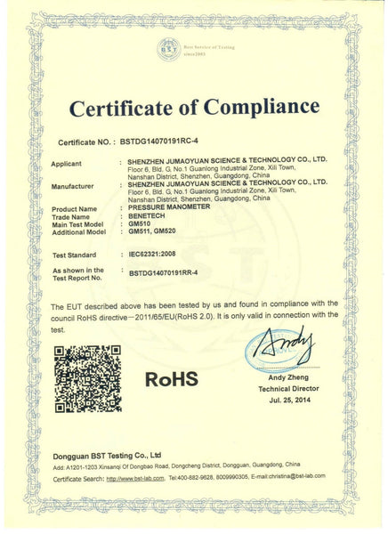 BENETECH GM510 LCD Display Pressure Manometer