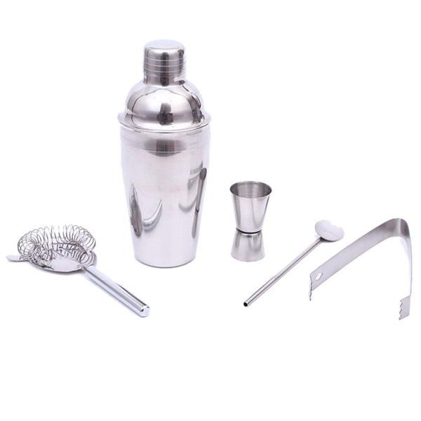 5 in 1 Classic Stainless Steel Shaker Set, Capacity: 550ml (Shaker + Jigger + Strainer + Ice Clip + Stirrer Pipe), 5 in 1 Shaker Set