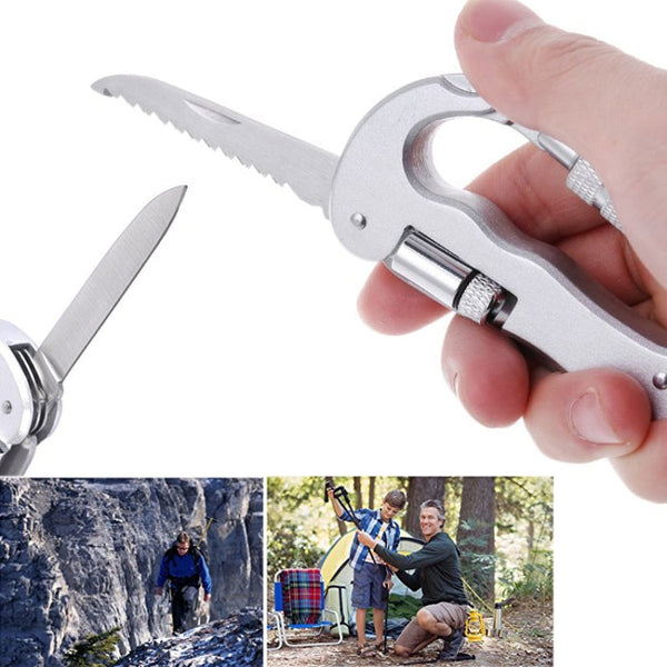 Heavy Duty D Shape Carabiner Clip-On Clamp Key Chain Hook with Dual Knife & LED Torch
