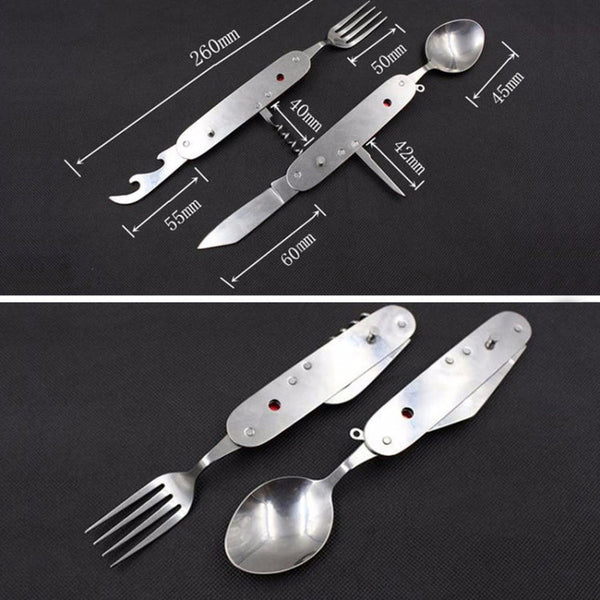6-in-1 Stainless Steel Travel / Camping Folding Cutlery Set, Spoon + Fork + Knife +  Bottle Opener Set