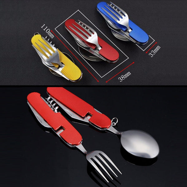 6-in-1 Stainless Steel Travel / Camping Folding Cutlery Set, Spoon + Fork + Knife +  Bottle Opener Set