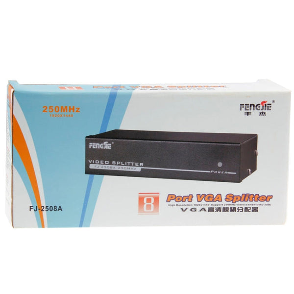 FJ-2508A 8 Port VGA Video Splitter High Resolution 1920 x 1440 Support 250MHz Video Bandwidth, 8 Ports Splitter Black