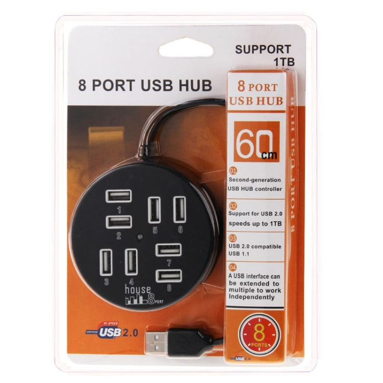 High Speed 8 Ports USB 2.0 Portable Round Hub, Length: 60cmRound Circular 8 Ports USB 2.0 Hub Multi-port Splitter Expansion Adapter for Laptop Notebook PC, Support 1TB Mobile HDD, Round Circular(Black)