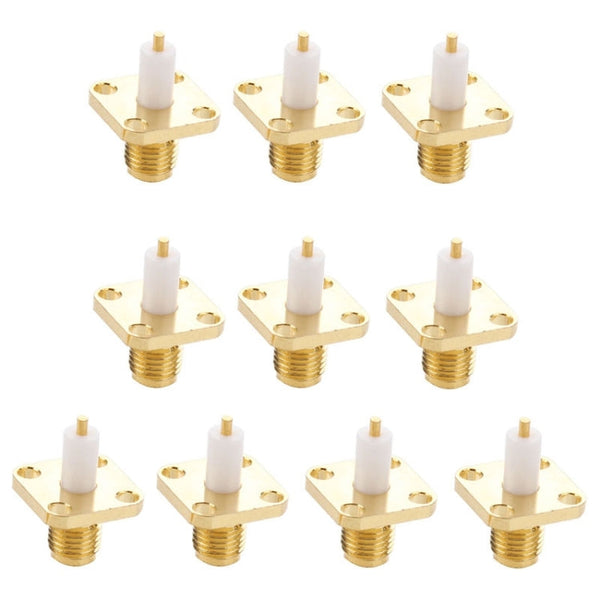 10 PCS Gold Plated SMA Female 4 Holes Chassis Panel Mount Extended Dielectric Solder Connector Adapter, SMA Female 4 Holes