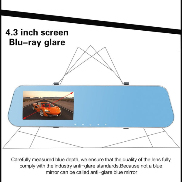 Full HD 1080P 4.3 inch Screen Display Dual Camera Vehicle DVR, 140 Degree Wide Angle Viewing, Support Night Vision / Parking Monitoring / Loop Recording / Motion Detection / G-Sensor / TF Card