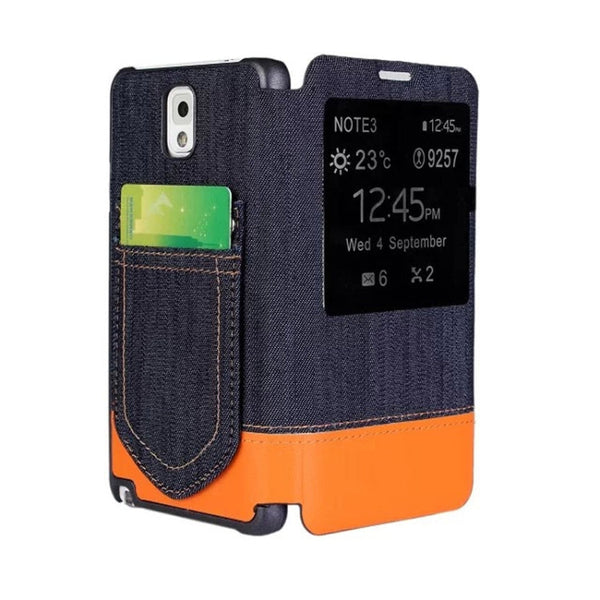 Jeans Style Flip Leather Case with Credit Card Slots & Call Display ID for Galaxy Note III / N9000