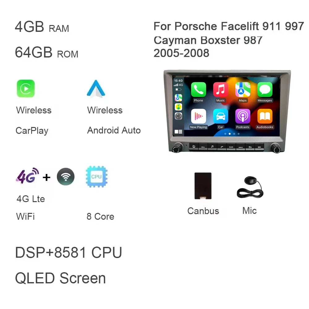 Grey 720P CarPlay 8" Android 14.0 Car DVD player 8 Core 4GB DSP multimedia GPS autoradio For Porsche 911 997 987 Cayman Boxster