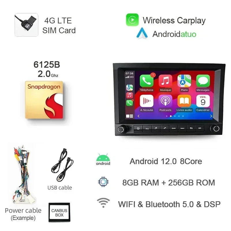 8G 256GB 7" Auto Android 12 Car Radio GPS Player Carplay Navi Bluetooth Wifi For Porsche 911 996 986 Boxster Carrera 1998-2006